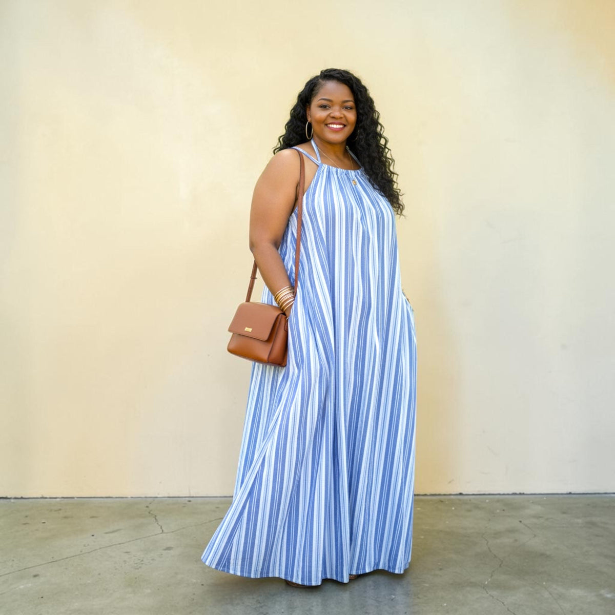 Blue And White Striped Tie Back Maxi Dress