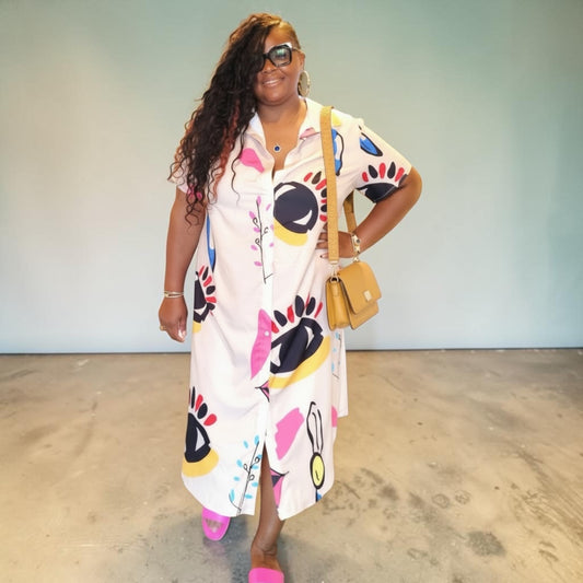 Allover Print Button Up Loose Fit Dress