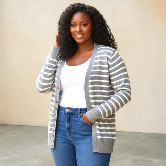 Striped Grey Sweater Snap Button Cardigan