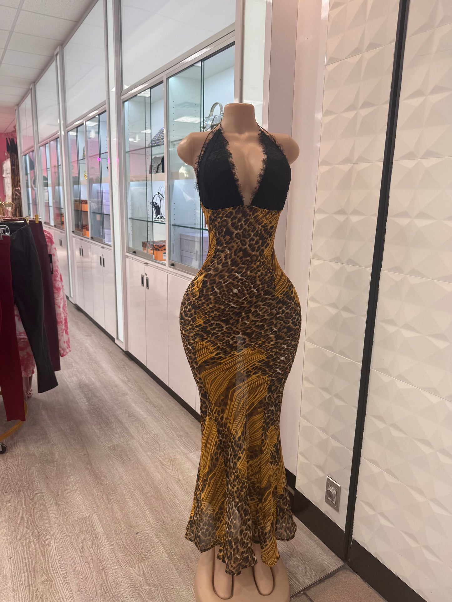 Maci Leopard Sheer Maxi Halter Dress | Chic Animal Print Resort Dress