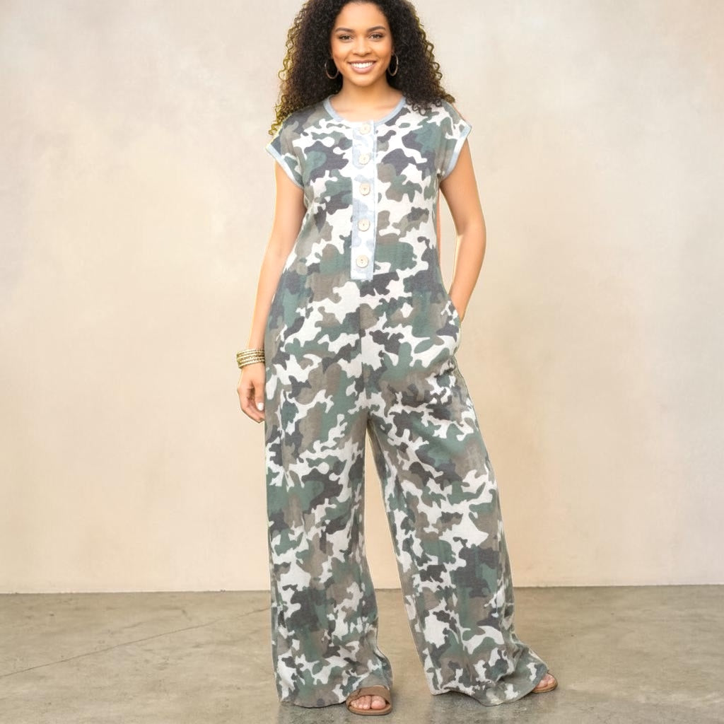 Loose Fit Camouflage Jumpsuit W/ Side Pockets
