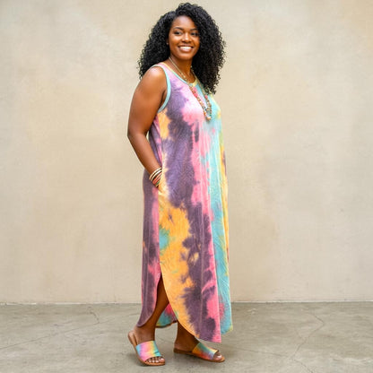 Tie Dye V Neck Tie Dye Round Hem Maxi Dress