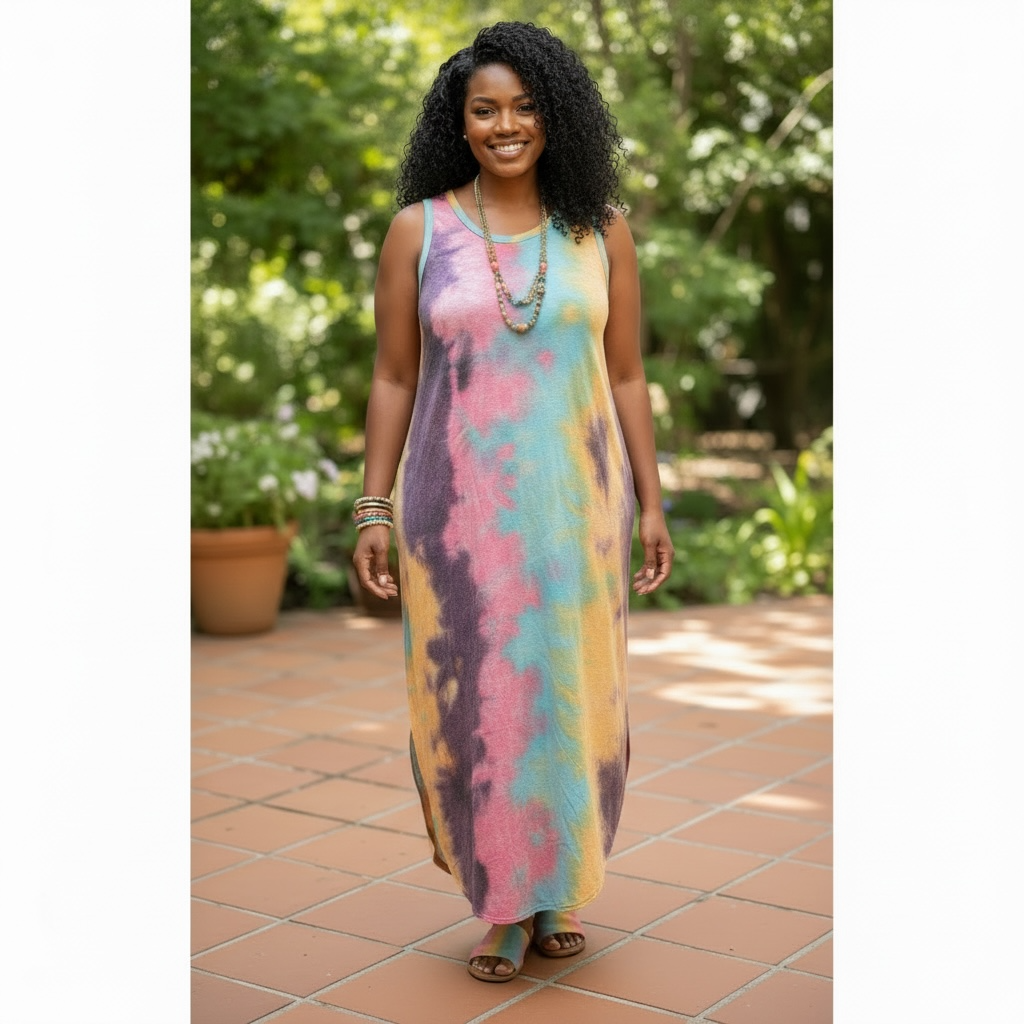 Tie Dye V Neck Tie Dye Round Hem Maxi Dress