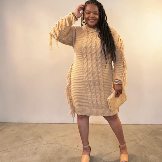 Perfect Camel Fringe Sweater Dress