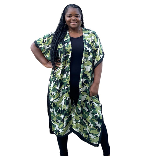 One Size Long Open Front Camouflage Print Kimono