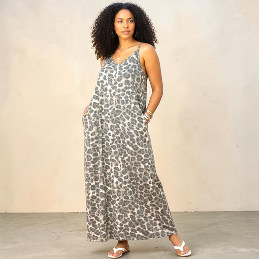 Leopard Print Adjustable Strap Maxi Dress