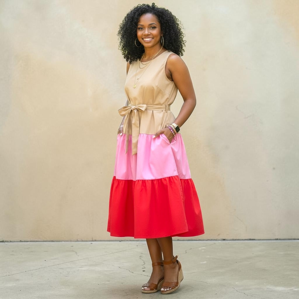Tan Color Block Midi Tank Dress