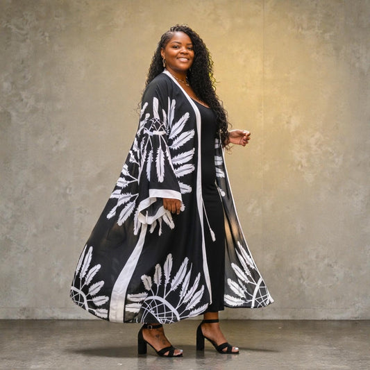 Boho Chic Black Feathered Kimono