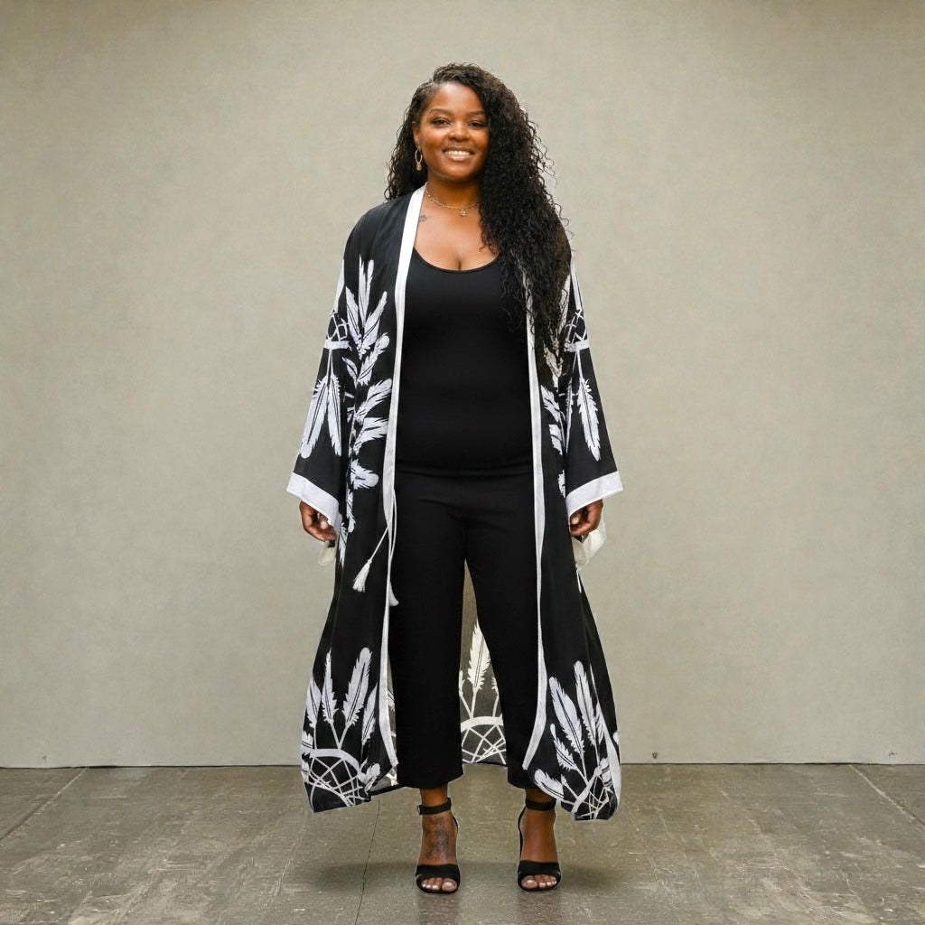 Boho Chic Black Feathered Kimono