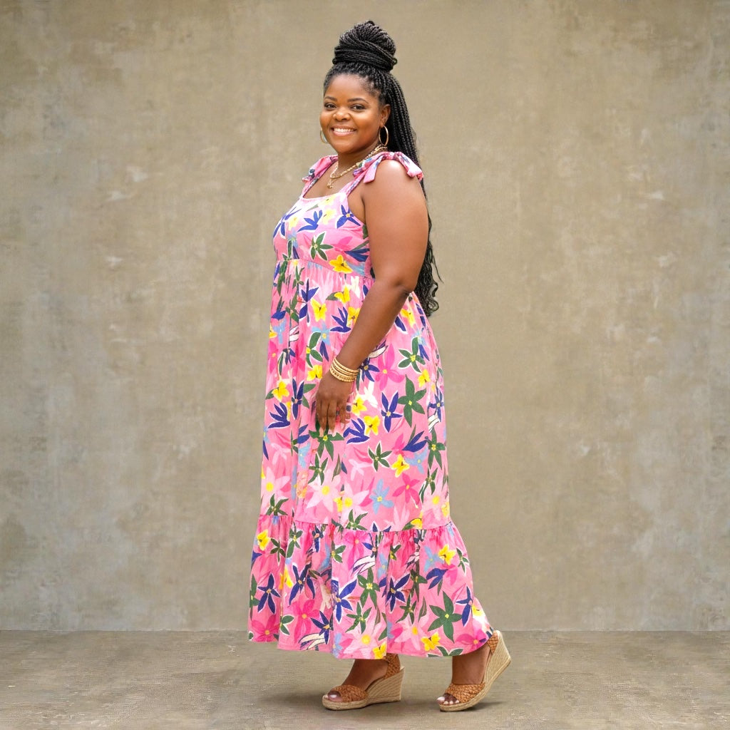 Pink Floral Print Babydoll Maxi Dress