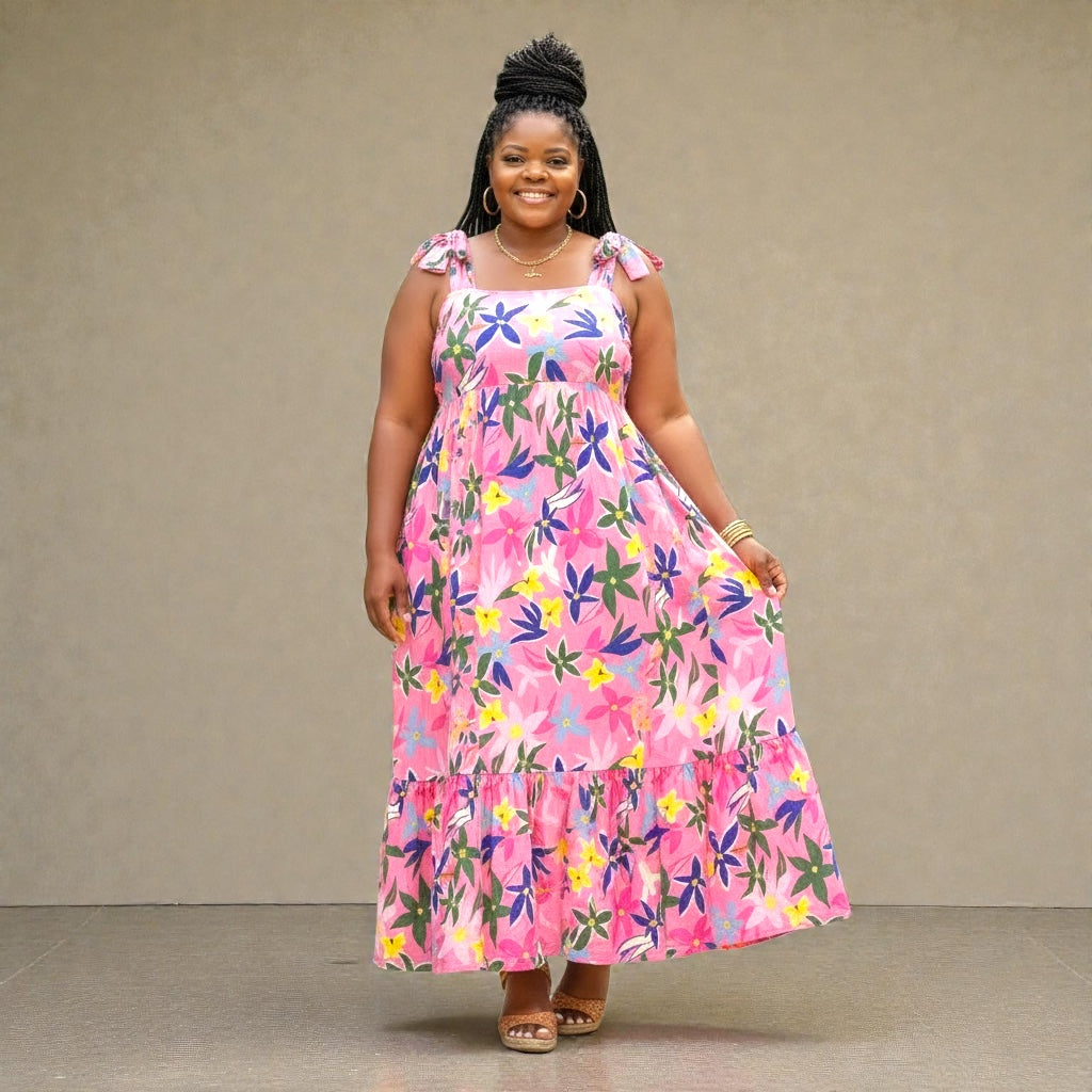 Pink Floral Print Babydoll Maxi Dress