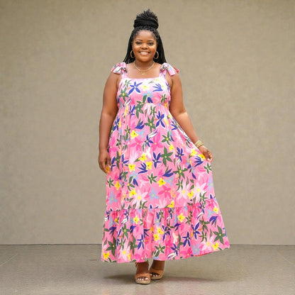 Pink Floral Print Babydoll Maxi Dress