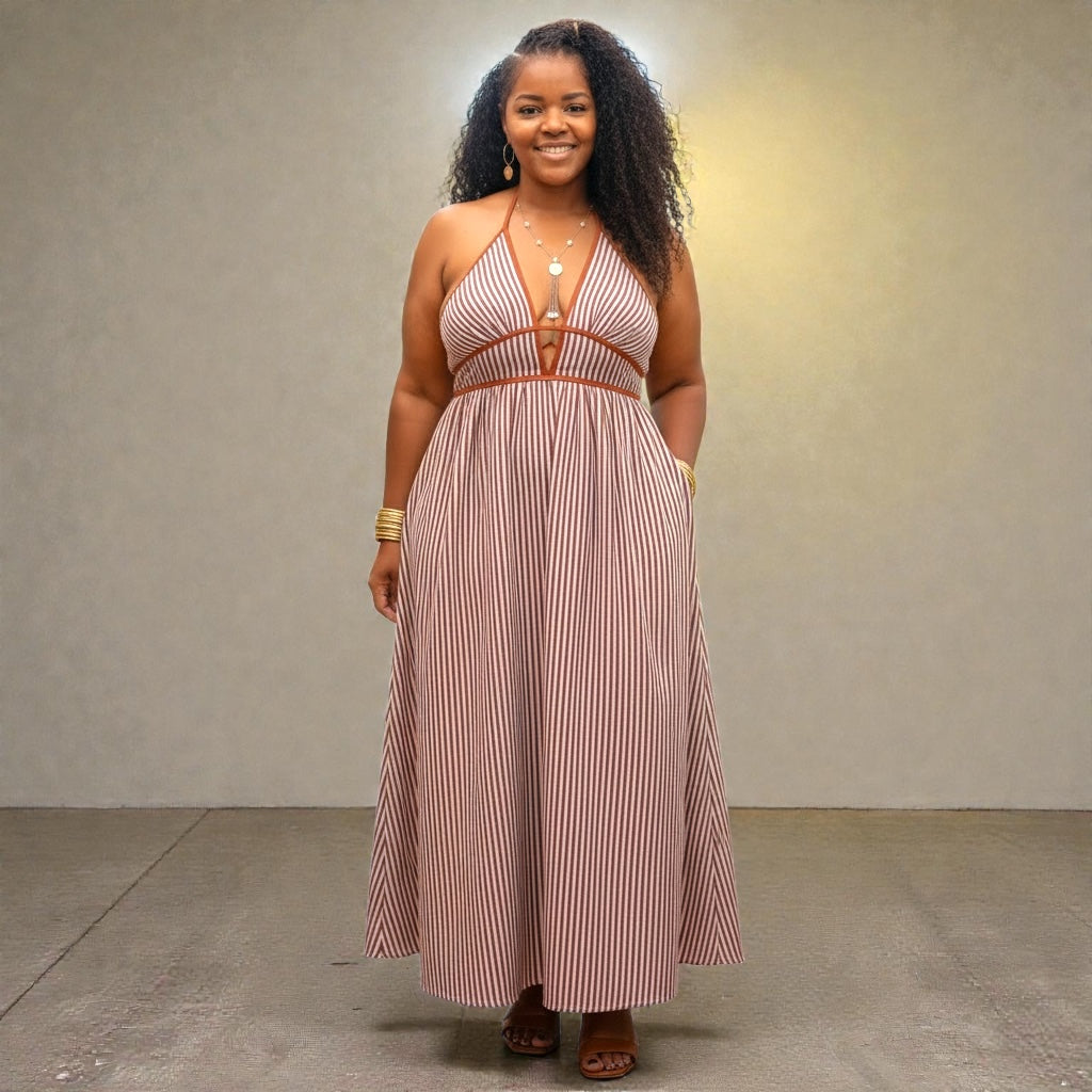 Striped Halter Neck Maxi Dress