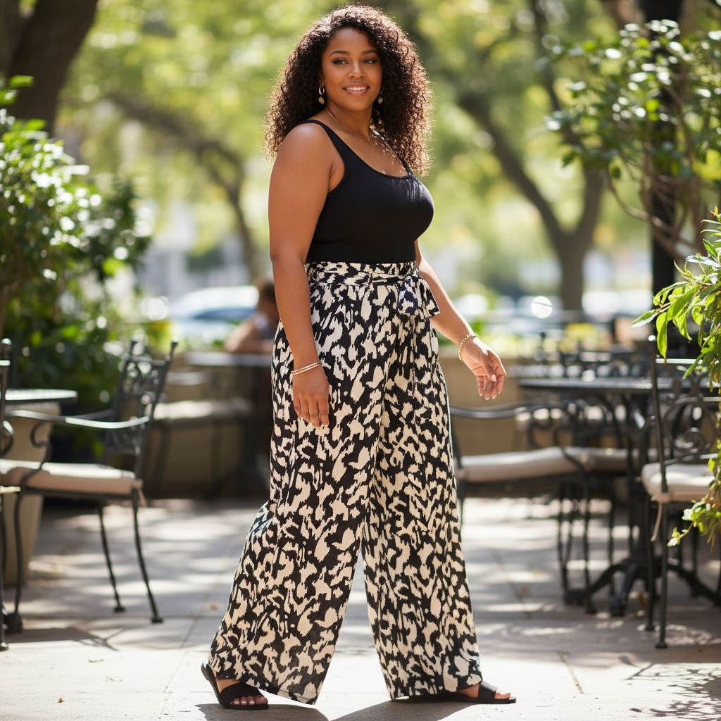 Black and White Wide Leg Belt Pant
