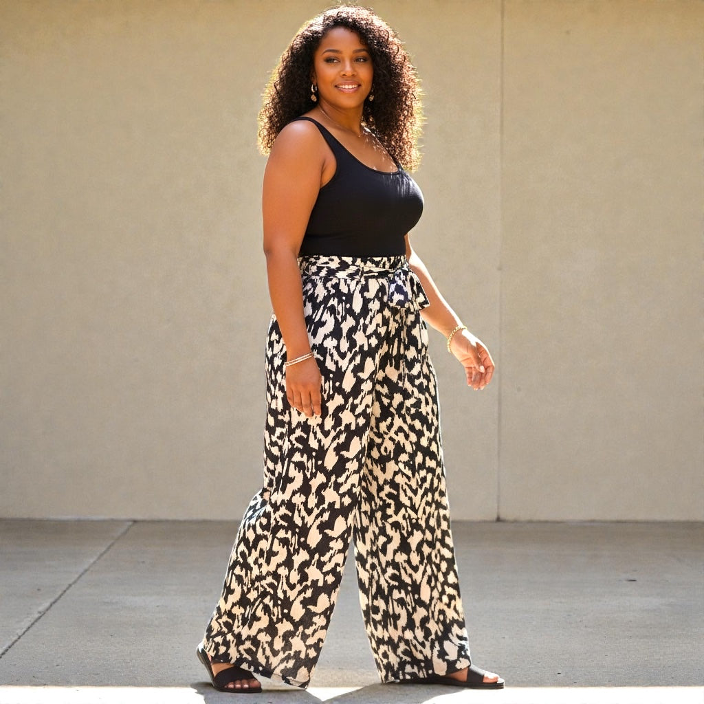 Black and White Wide Leg Belt Pant