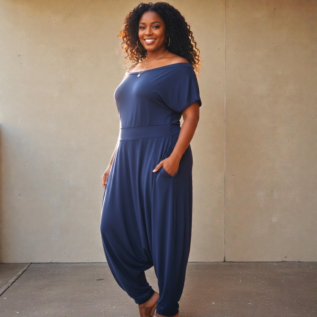 Navy Off the Shoulder Harem Jumpsuit
