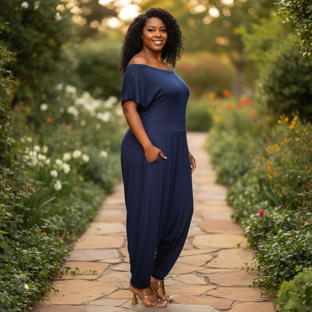 Navy Off the Shoulder Harem Jumpsuit