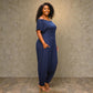 Navy Off the Shoulder Harem Jumpsuit