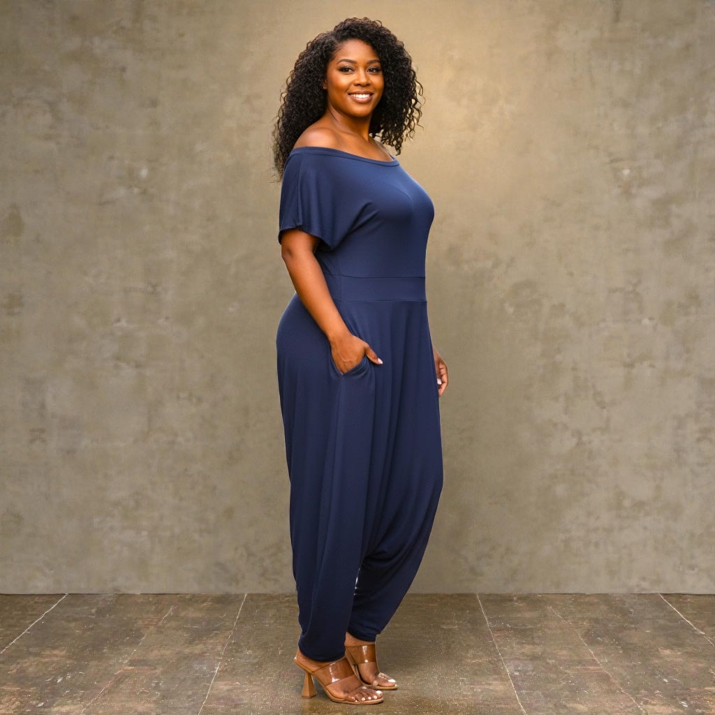 Navy Off the Shoulder Harem Jumpsuit
