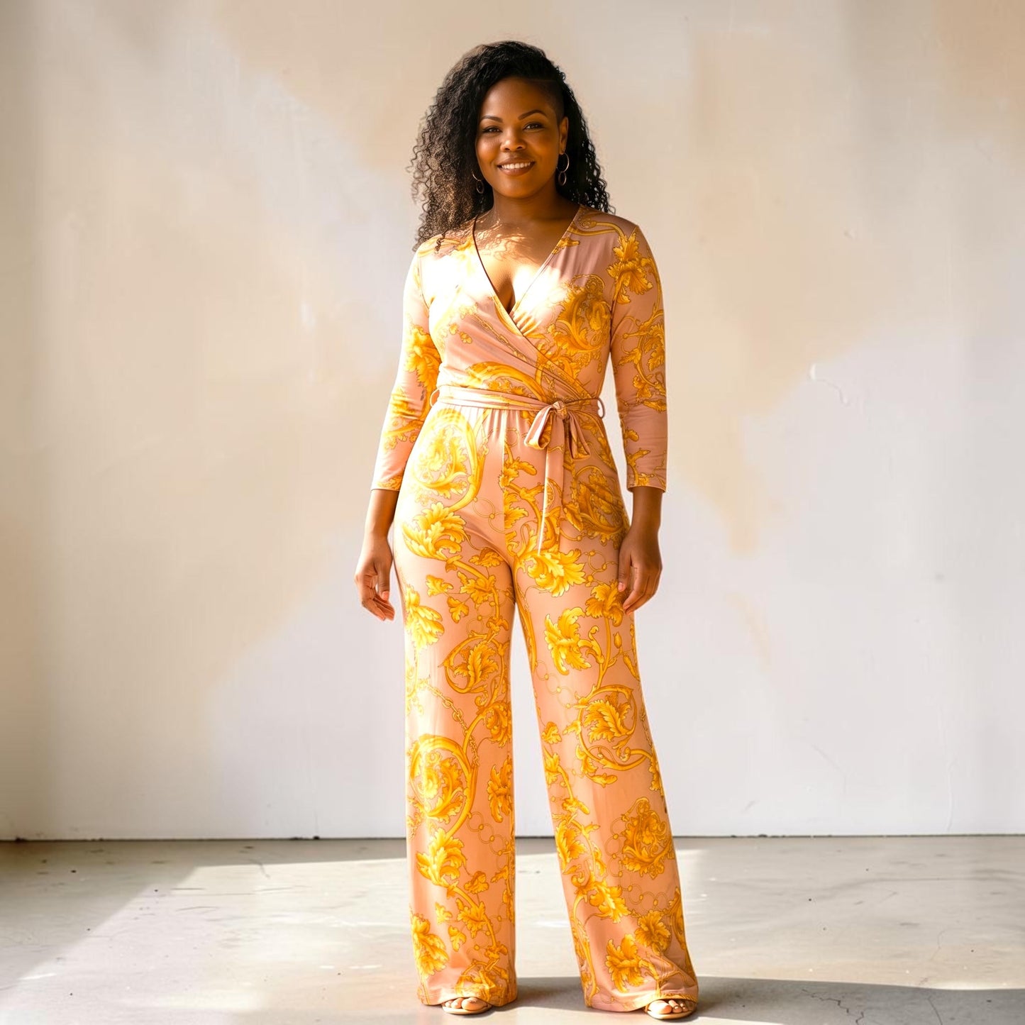 Gold Chain Faux Wrap Jumpsuit Dress