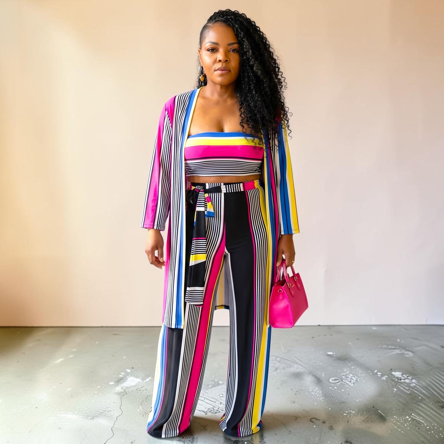 New Sexy Stripe 3 Piece Wide Leg Pant Set