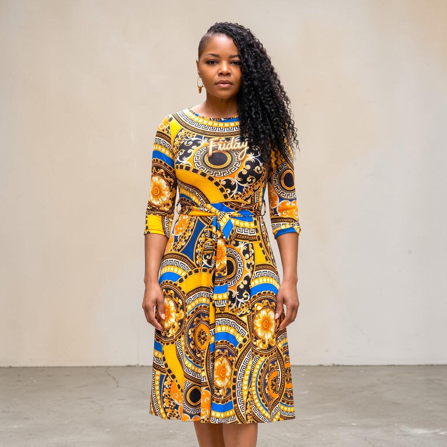 Medallion Print Plus Size Belted Midi Dress