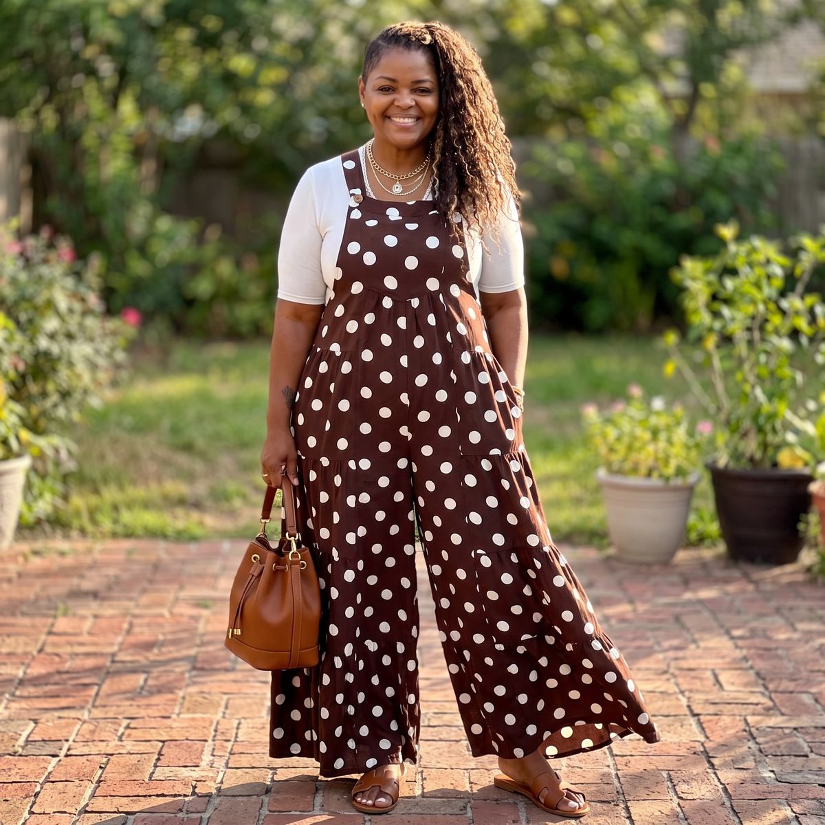 Stunning Wide Leg Brown Polka Dot Maxi Jumpsuit