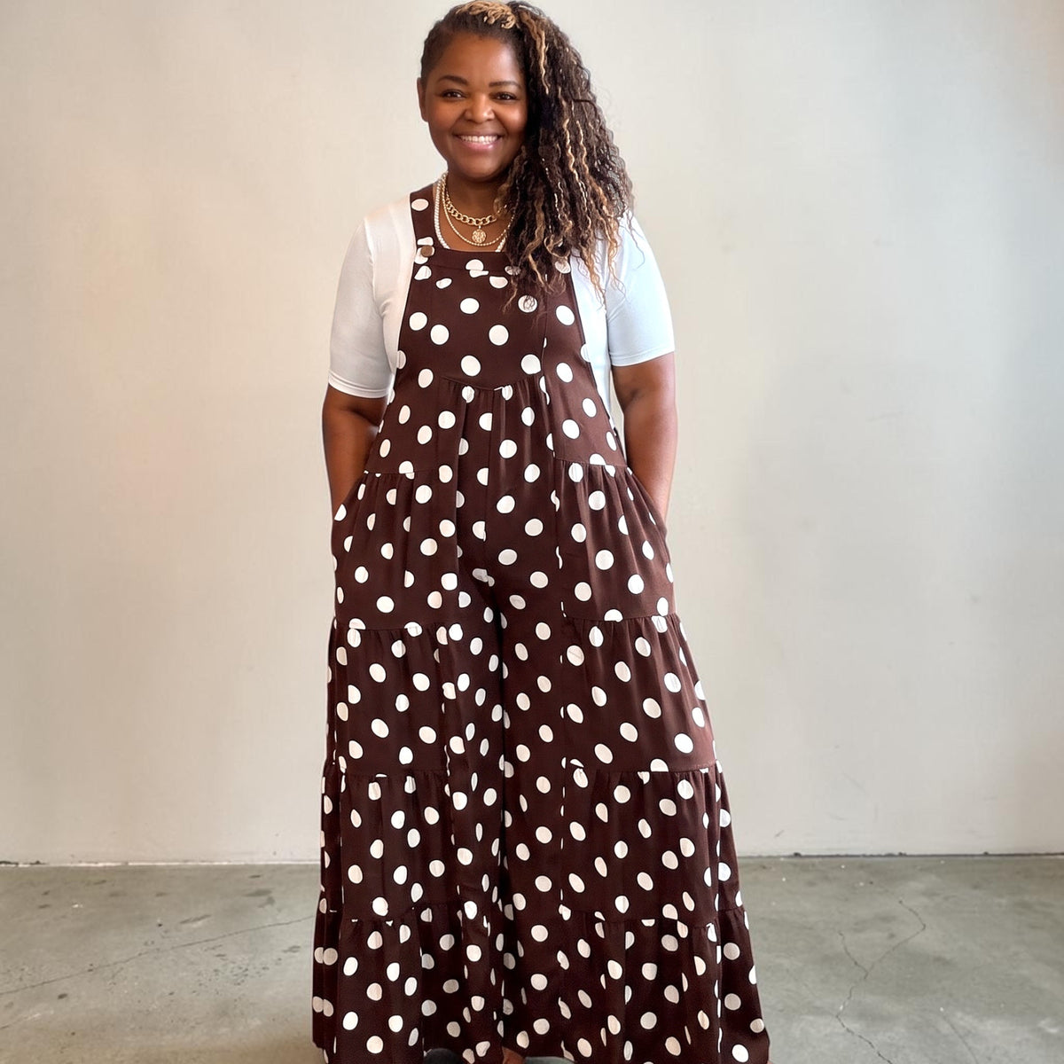 Stunning Wide Leg Brown Polka Dot Maxi Jumpsuit