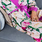 Pink Flower Print Purple Silky Satin Robe With Belt