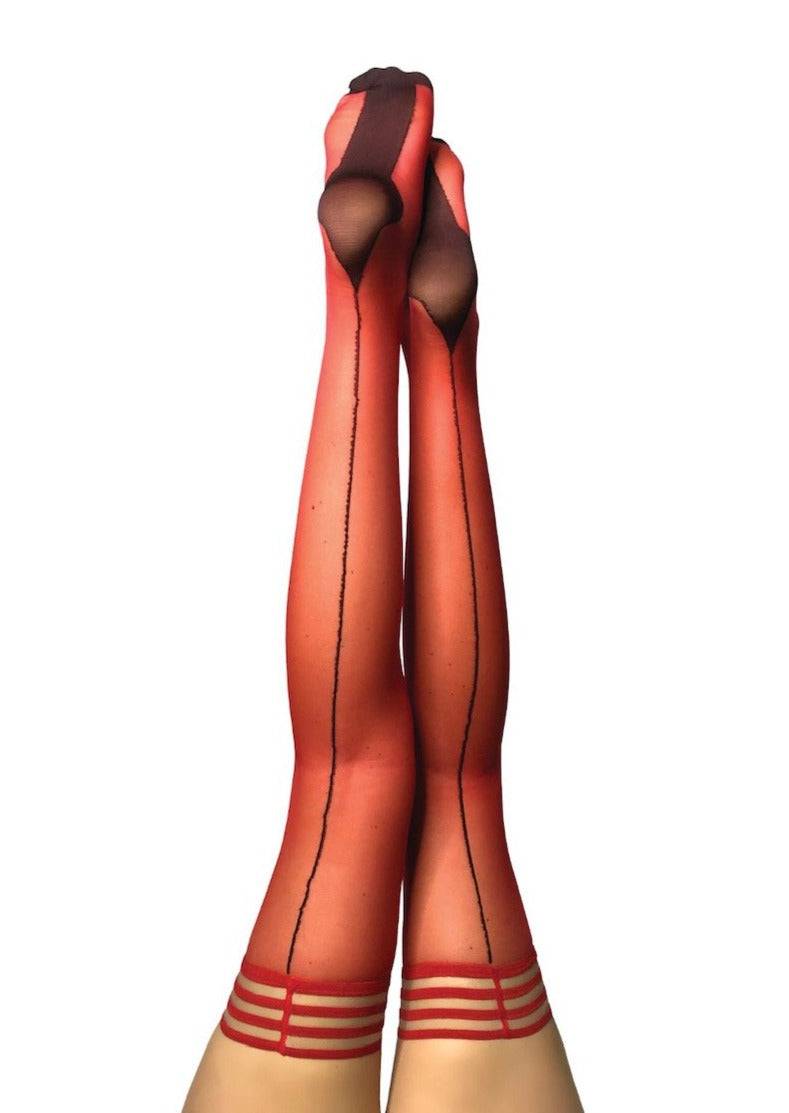 Monica: You'll be Feeling Hot Hot Hot! Red Sheer with Black Seam, Cuban Heel Thigh Highs