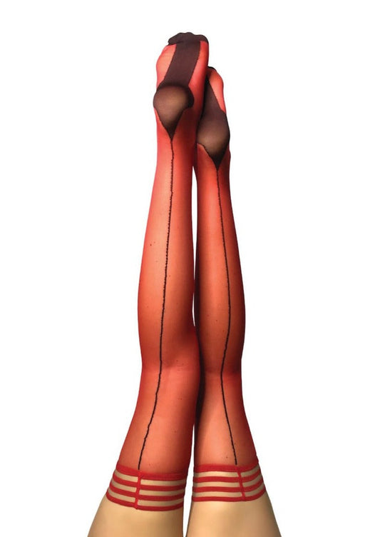 Monica: You'll be Feeling Hot Hot Hot! Red Sheer with Black Seam, Cuban Heel Thigh Highs