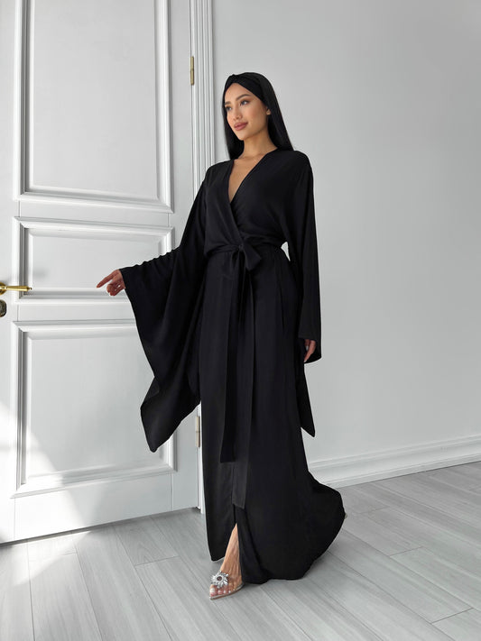 Kimono Viscose Long Robe in Black with pockets