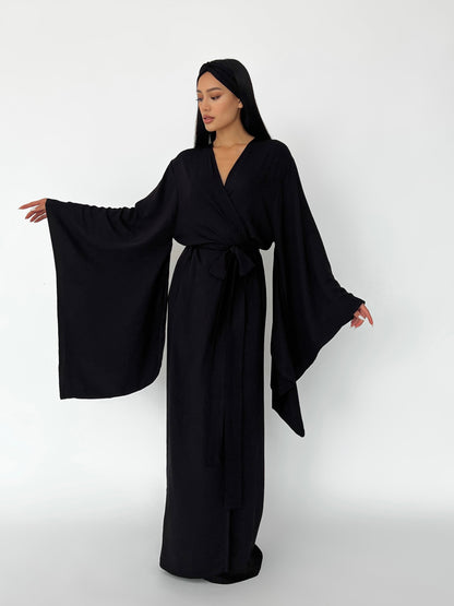 Kimono Viscose Long Robe in Black with pockets