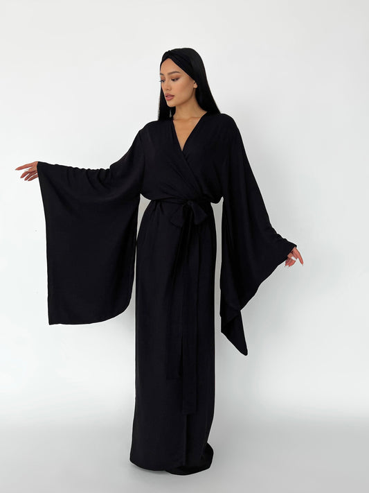 Kimono Viscose Long Robe in Black with pockets