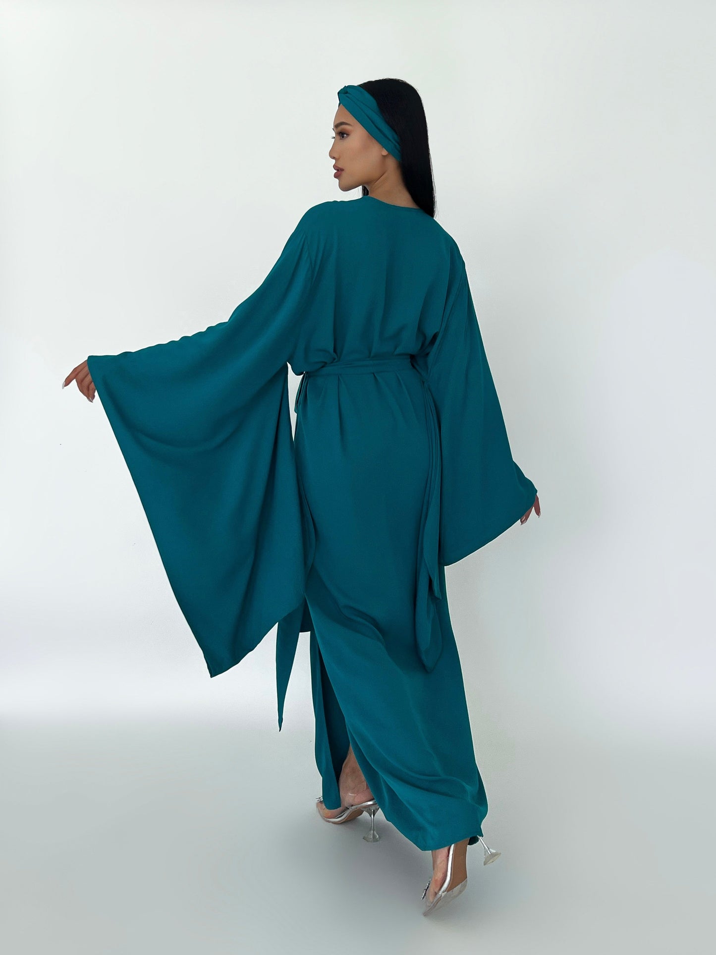 Kimono Viscose Long Robe in Teal with pockets and headband