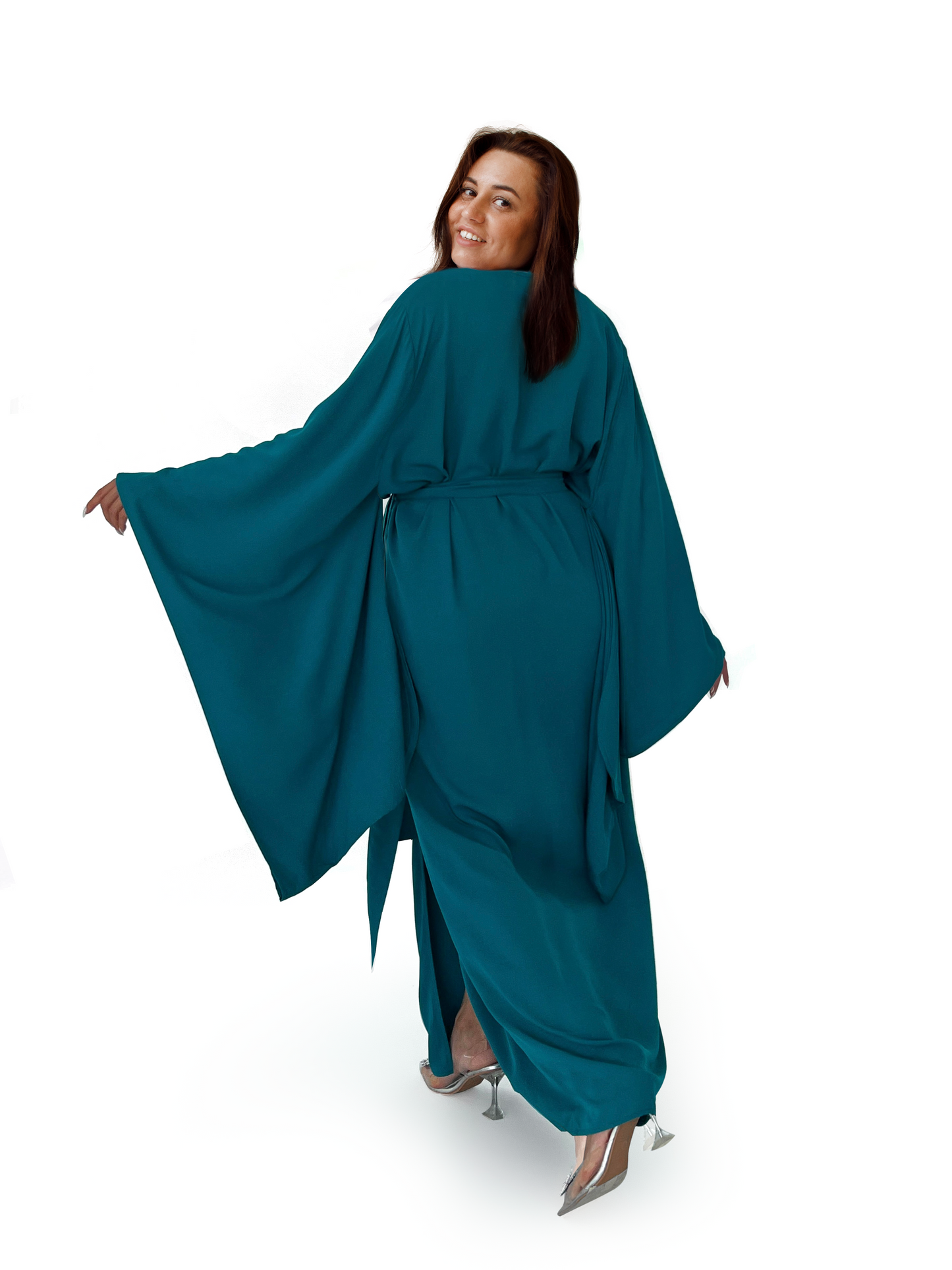 Kimono Viscose Long Robe in Teal with pockets and headband