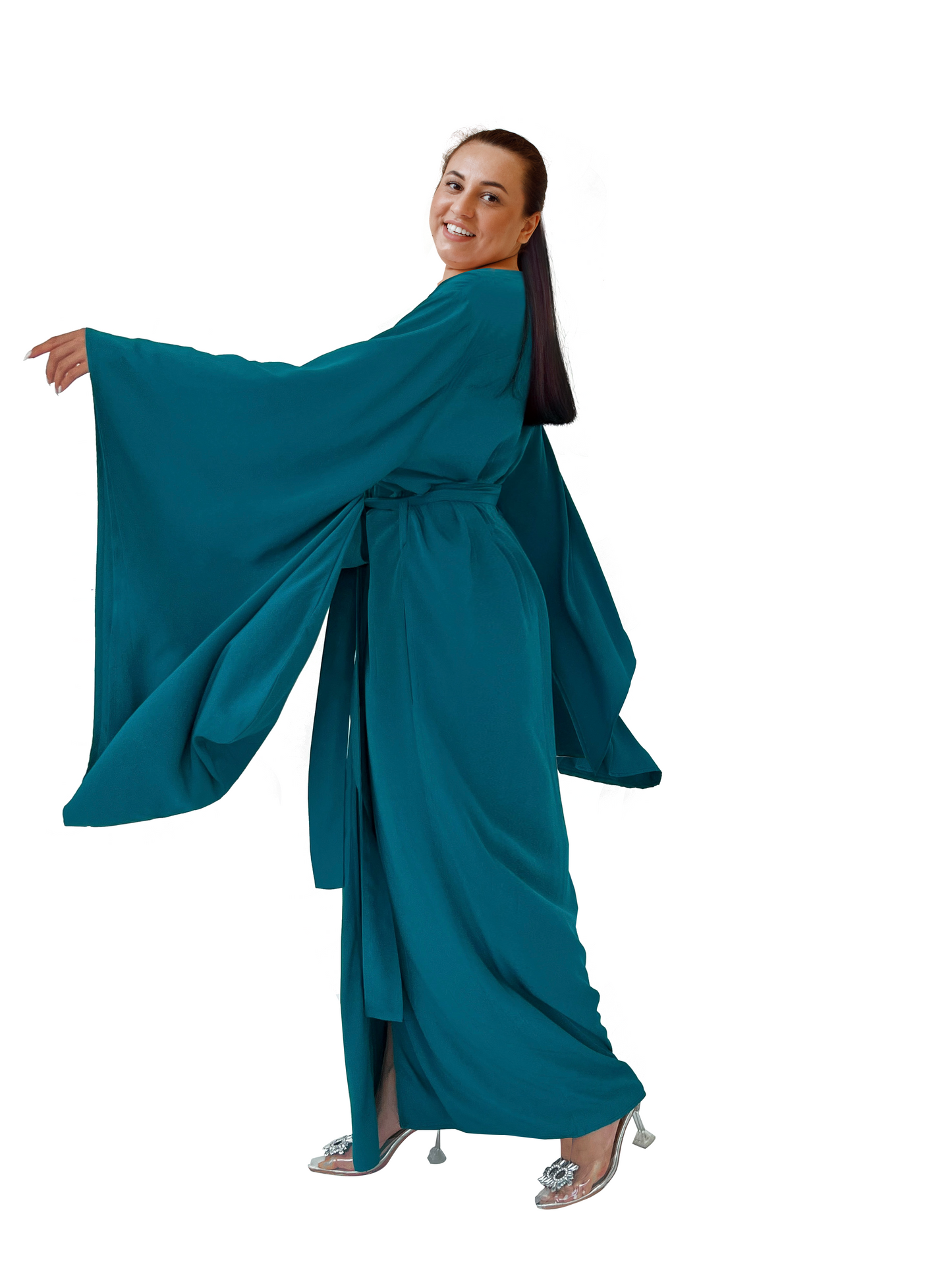 Kimono Viscose Long Robe in Teal with pockets and headband
