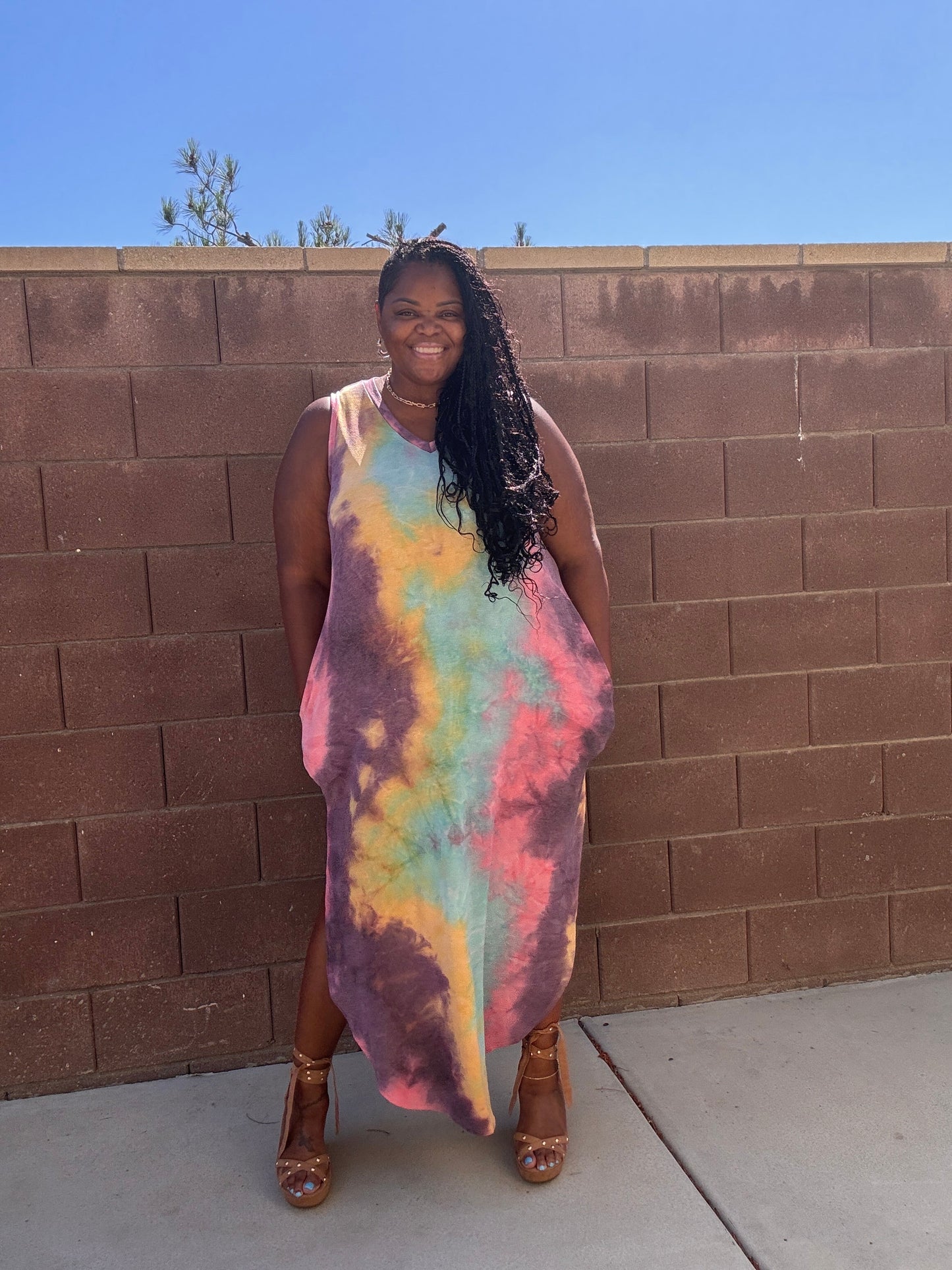 Tie Dye V Neck Tie Dye Round Hem Maxi Dress