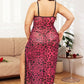 Leopard Mesh Split Long Slip Dress Lace Trim Chemise Cheetah Print Lingerie