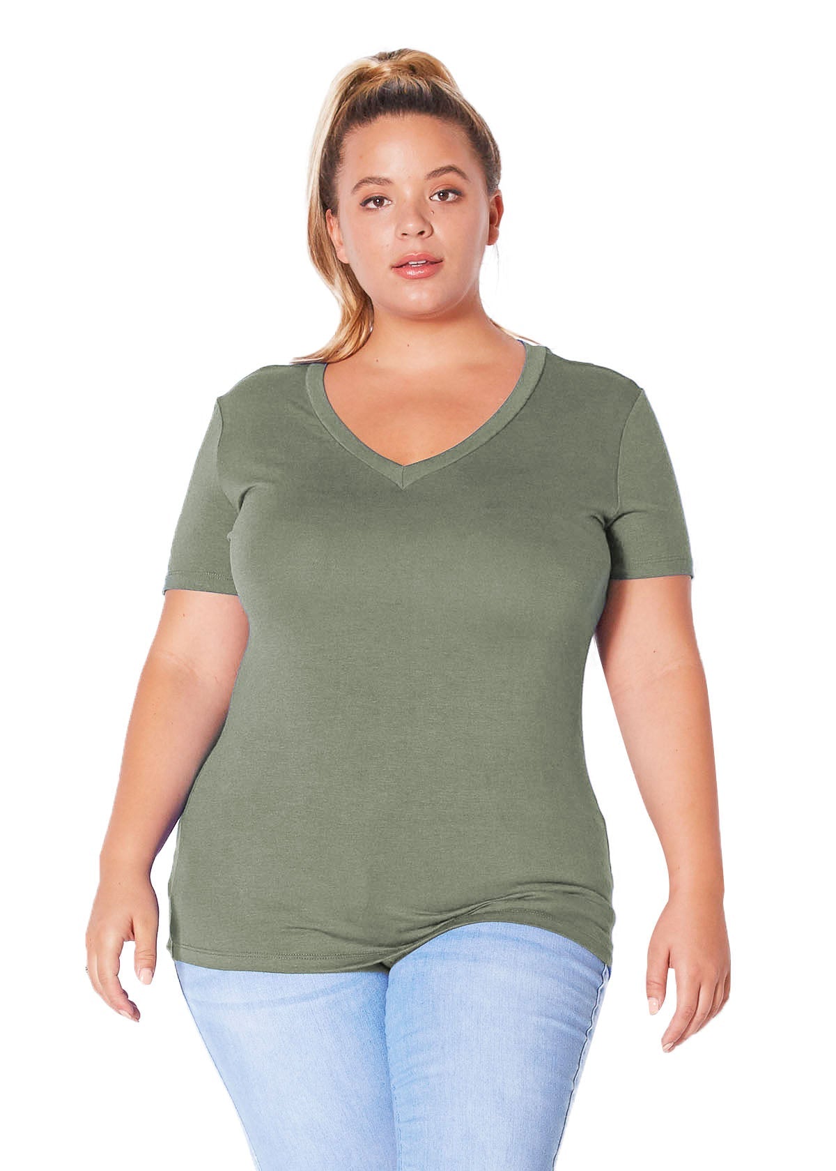 Plus Size V-neck Short Sleeve Basic Tee