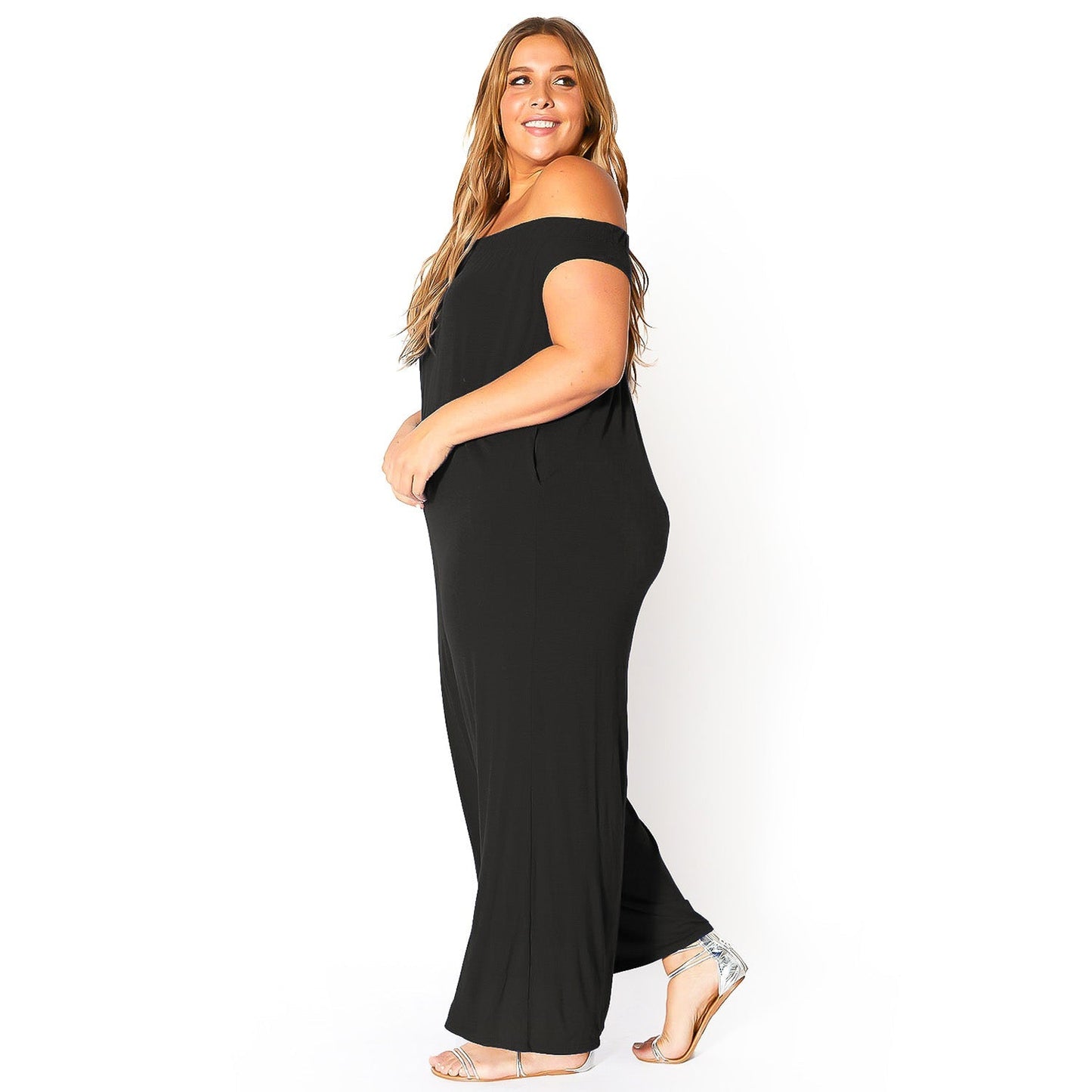 Plus Size Off Shoulder Wide Leg Jumpsuit