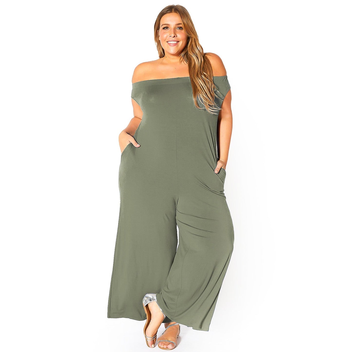 Plus Size Off Shoulder Wide Leg Jumpsuit