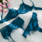 Blue  Lace Satin Mesh Push-Up Sexy Lingerie Set
