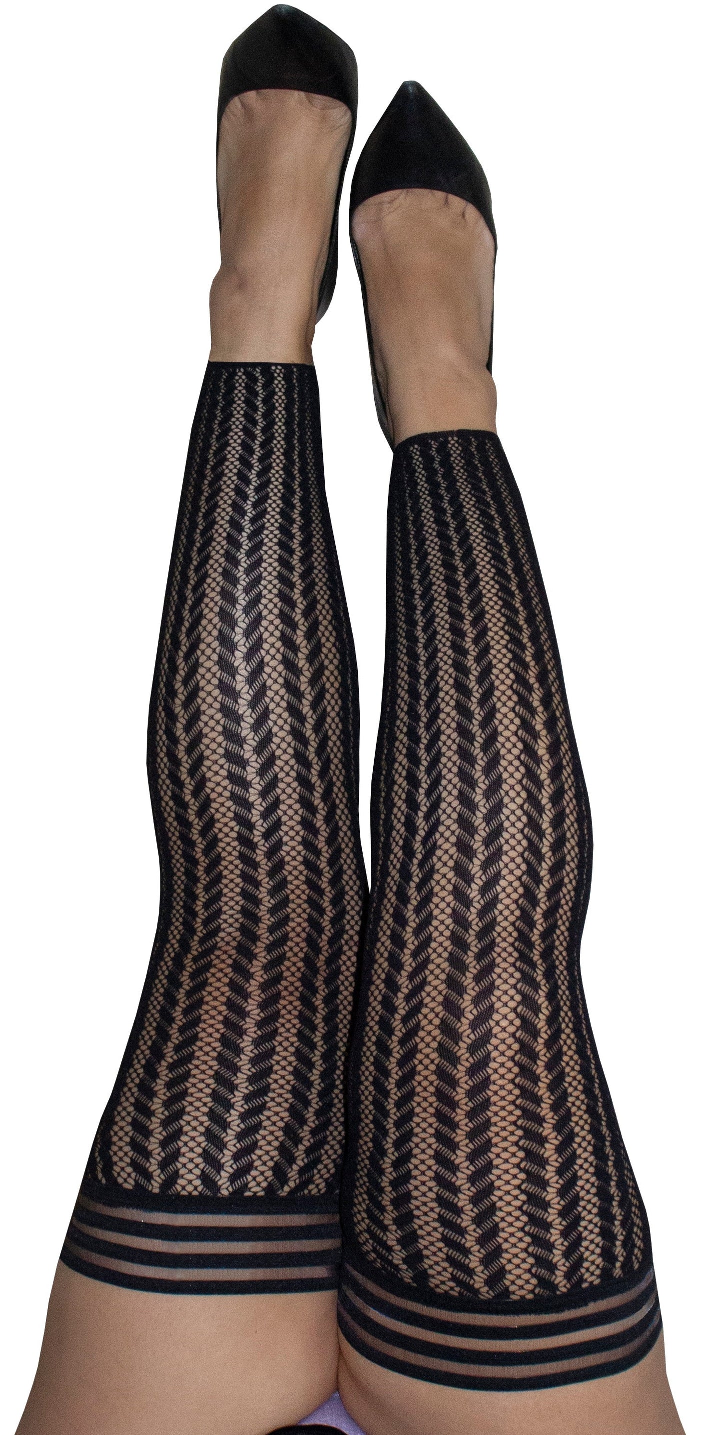 Lindsay: Foot Loose & Fancy Free, Footless Black Stripe Fishnet Thigh Highs
