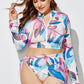 Three-Piece High Waist Print Split Long Sleeve Swimwear