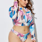 Three-Piece High Waist Print Split Long Sleeve Swimwear