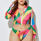 Three-Piece High Waist Print Split Long Sleeve Swimwear