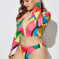 Three-Piece High Waist Print Split Long Sleeve Swimwear