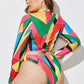 Three-Piece High Waist Print Split Long Sleeve Swimwear