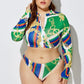 Three-Piece Swimsuit High Waist Print Split Long Sleeve